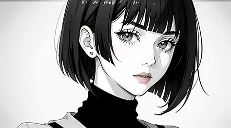 1girl, solo, monochrome, greyscale, bob cut, short hair, portrait, turtleneck, closed mouth, bangs, looking at viewer, blunt ban...