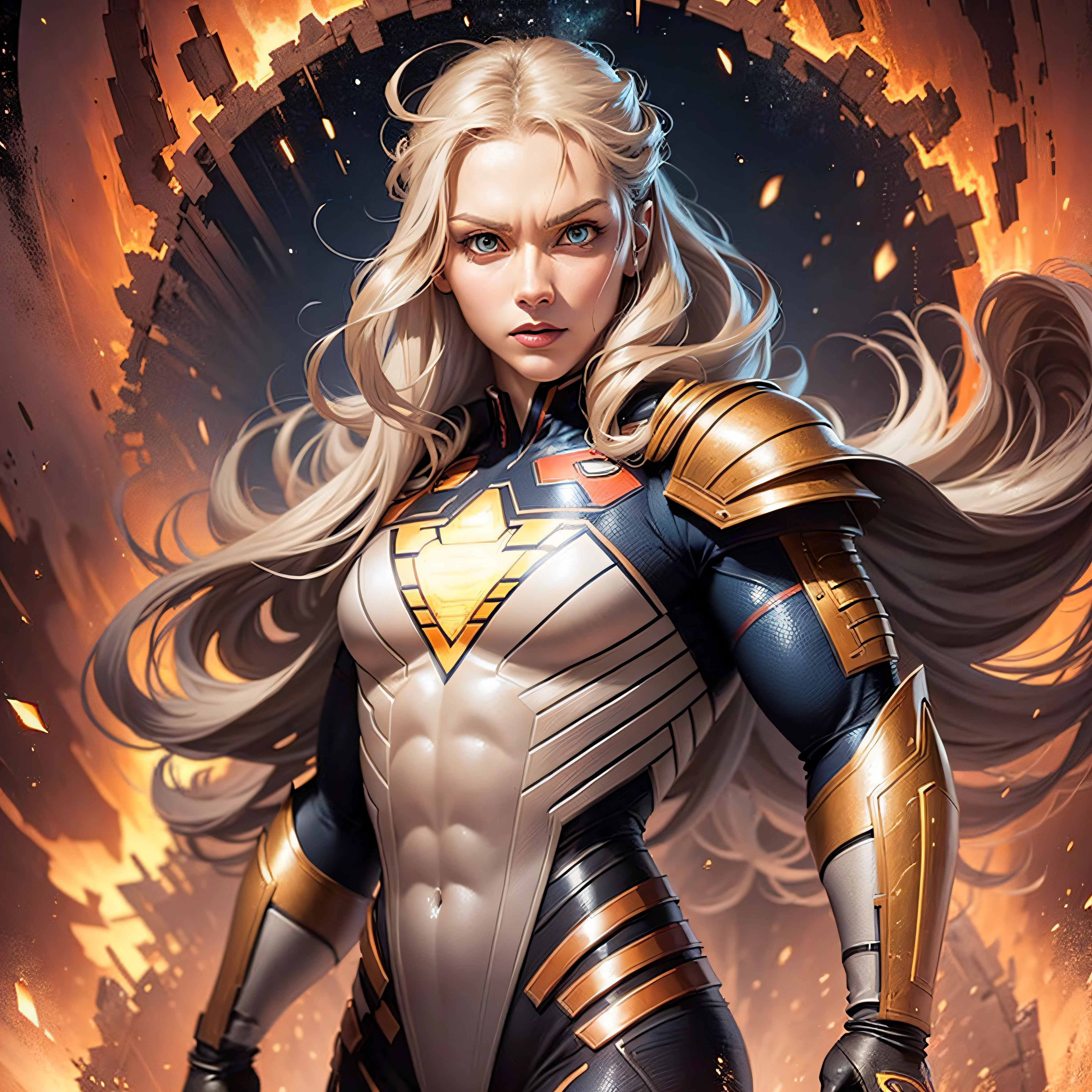 A mighty, agressive, gloomy Superman, blue eyes, long blonde hair, 4k, highly detailed armor, orange beige and golden details, artstation, hyperdetailed, 8k, beautiful lighting, artstation by Michelangelo, hyperdetailed, over the shoulder, fractal, vibrant colors, realistic art , 8k resolution, clear shape, defined shape, full body, fortress of solitude on background, northern lights on a night sky.