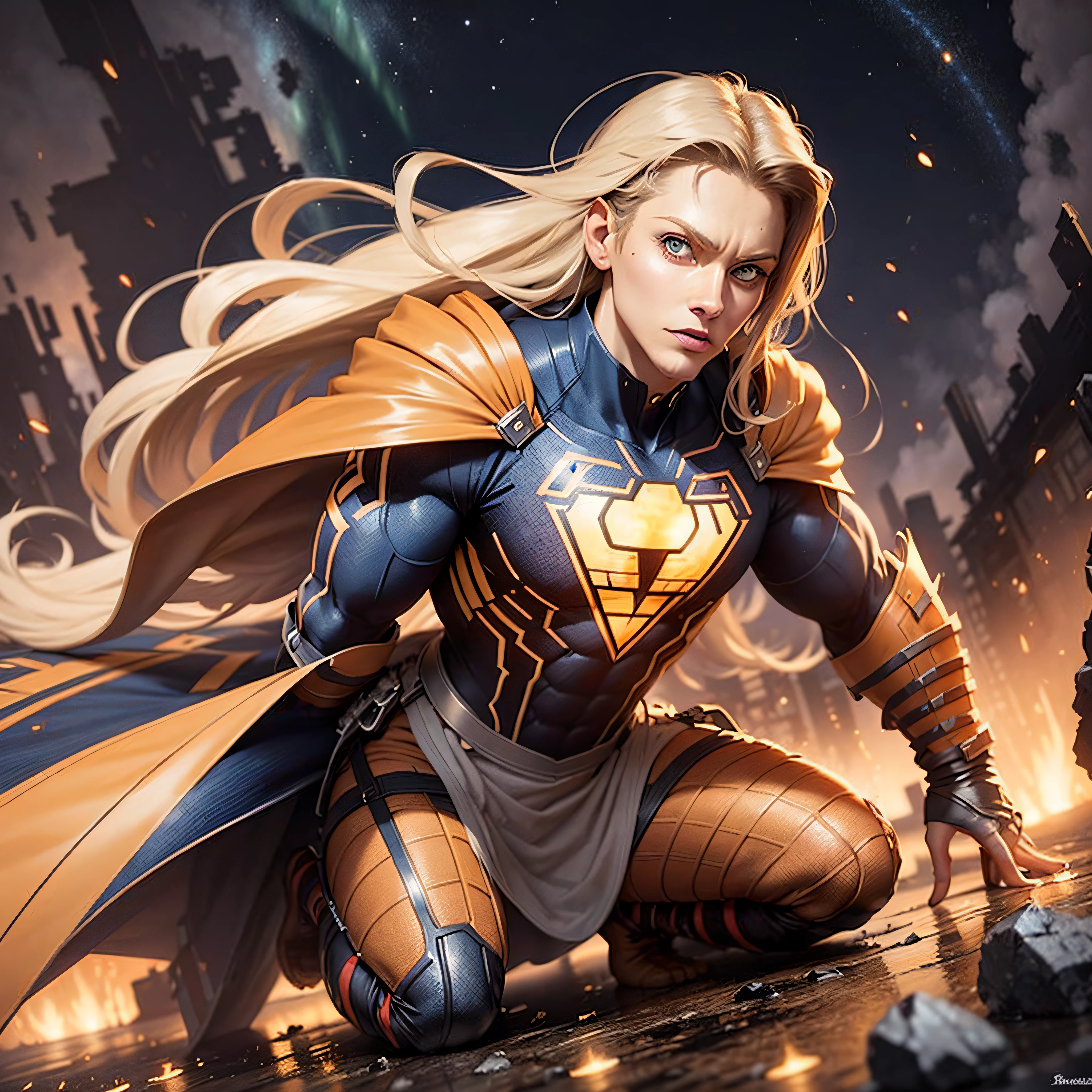 A mighty, agressive, gloomy Superman, blue eyes, long blonde hair, 4k, highly detailed armor, orange beige and golden details, artstation, hyperdetailed, 8k, beautiful lighting, artstation by Michelangelo, hyperdetailed, over the shoulder, fractal, vibrant colors, realistic art , 8k resolution, clear shape, defined shape, full body, fortress of solitude on background, northern lights on a night sky.