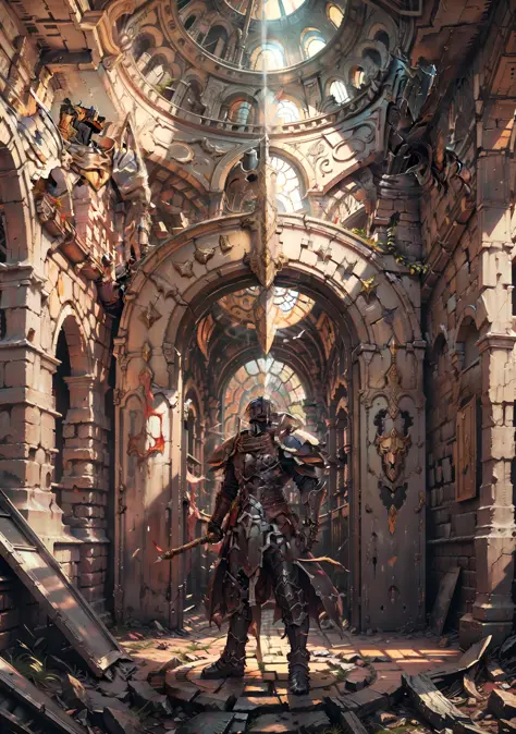 Best Quality, super detailed illustration, Rusty Knight, cracked armor, Rust, castle ruin, Heroic pose