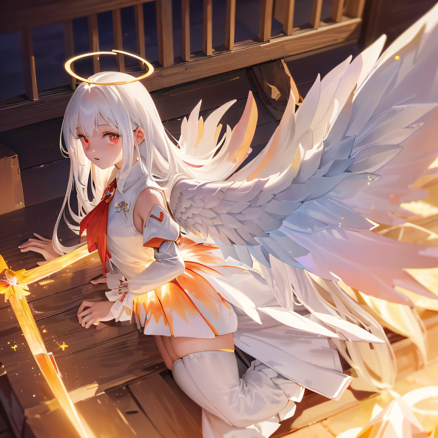 1girl, Impasto,Flat Coloring, ((((phoenix)))), (ray tracing:1.3),HDR,(Tyndall effect),(angel),(Angel halo++:1.4),(angle wings on back:1.2),long (white hair:1.4), (heavy long hair),(red eyes),(glowing eyes),(solo),(white thighhighs:1.2),((white short armor dress) and gold lace decorations,extremely detailed gothic dress with ((gemstones)),(gem amulet:1.4),(sapphire crystals)),(cold expression1.4), (sunrise:1.6),(Crystallize angel wings on girl's back),(fiece wind:1.2),bright and detailed (crystal:1.2),holy atmosphere,(explosion),sun at (midnoon:1.3) in the (cloudy blue) sky,(horizon:1.4),((crystalized ground))