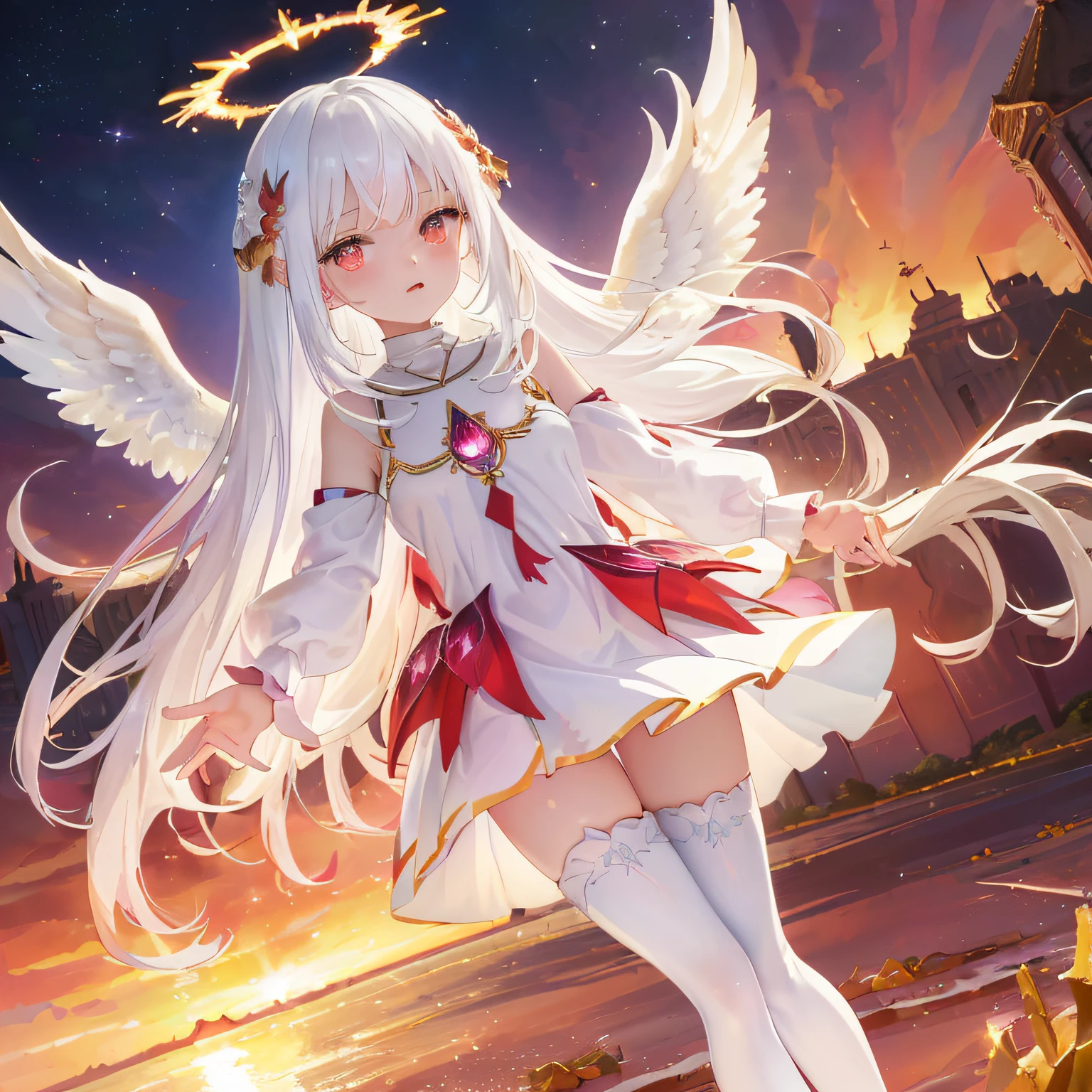 1girl, Impasto,Flat Coloring, ((((phoenix)))), (ray tracing:1.3),HDR,(Tyndall effect),(angel),(Angel halo++:1.4),(angle wings on back:1.2),long (white hair:1.4), (heavy long hair),(red eyes),(glowing eyes),(solo),(white thighhighs:1.2),((white short armor dress) and gold lace decorations,extremely detailed gothic dress with ((gemstones)),(gem amulet:1.4),(sapphire crystals)),(cold expression1.4), (sunrise:1.6),(Crystallize angel wings on girl's back),(fiece wind:1.2),bright and detailed (crystal:1.2),holy atmosphere,(explosion),sun at (midnoon:1.3) in the (cloudy blue) sky,(horizon:1.4),((crystalized ground))