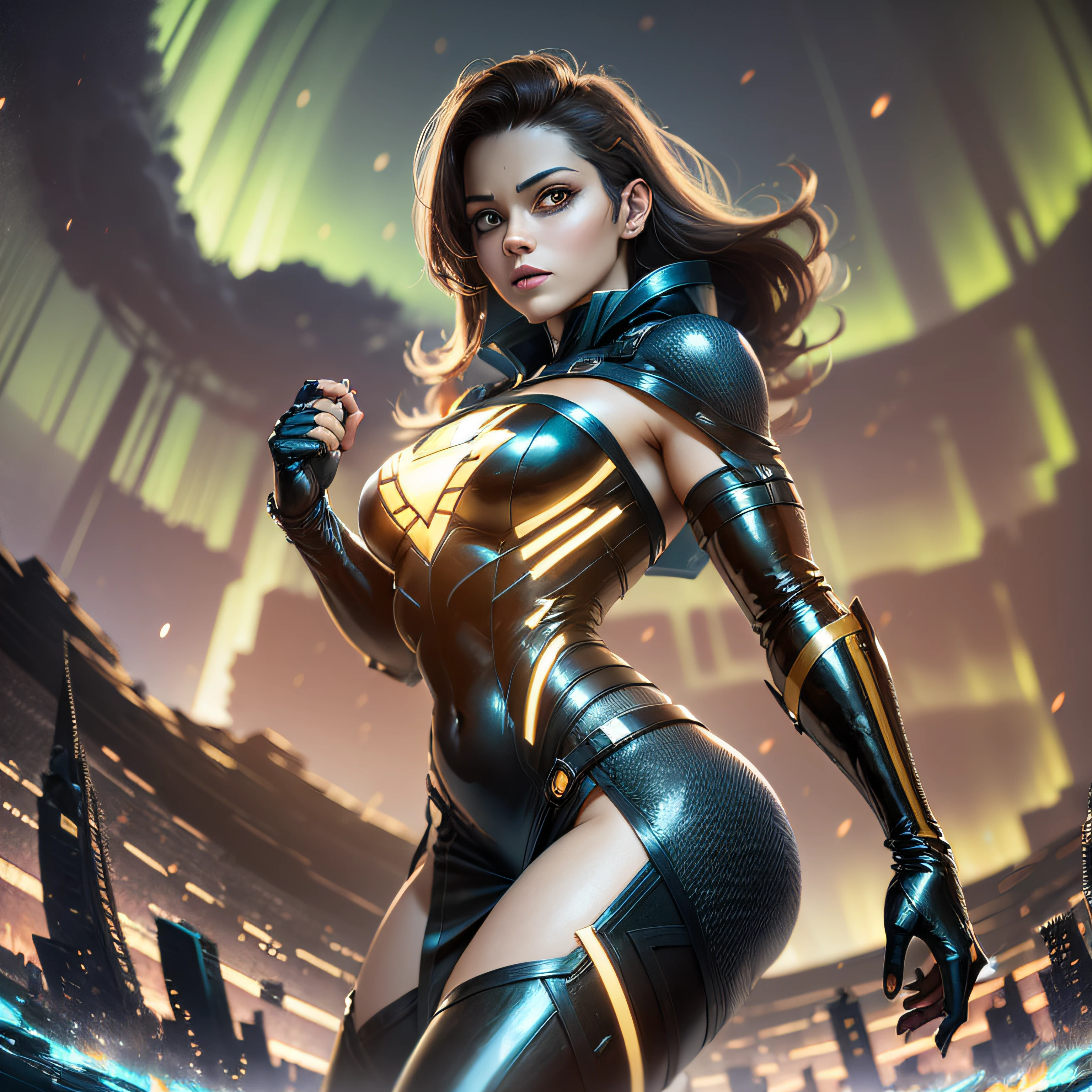 Um poderoso e agressivo Superman sombrio, olhos azuis, longos cabelos loiros, 4k, Black latex dress with yellow neon holographs across the body,, detalhes bege e dourado laranja, artstation, hiperdetalhado, 8k, beautiful lighting, artstation por Michelangelo, hiperdetalhado, sobre o ombro, fractal, cores vibrantes, arte realista, 8K分辨率, forma clara, forma definida, corpo inteiro, Fortress of solitude in the background, Aurora Borealis in a night sky.