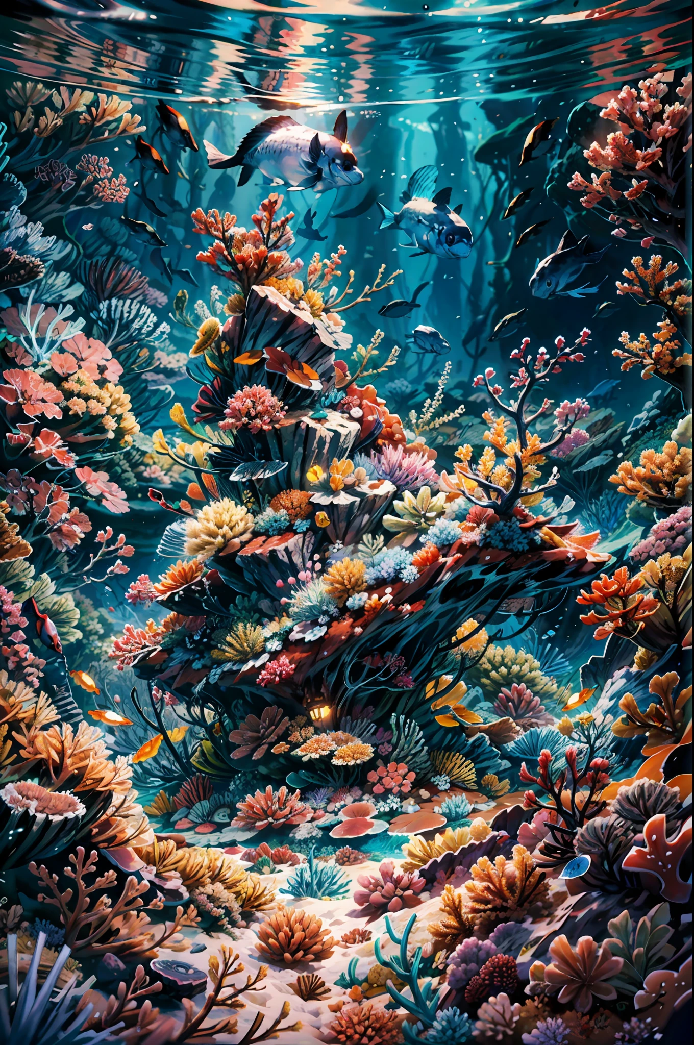 深海背景, 海底場景, 水下燈, 水下城堡, 顏色ful small fishes, 顏色ful coral reef grow on a vast sand ground under the water, 幻想 sea, 動態角度,萬物之下的沙子和岩石 BREAK,詳細的,實際的,4k 高度詳細的數位藝術,辛烷渲染, 生物發光, BREAK 8K 解析度概念藝術, 現實主義,由Mappa工作室設計,傑作,最好的品質,官方藝術,插圖,清晰的線條,(涼爽的_顏色),完美的構圖,荒謬的, 幻想,專注的,三分法