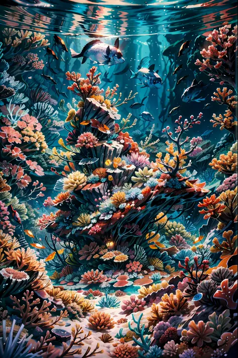 deep sea background, undersea scene, underwater light, under water castle, colorful small fishes, colorful coral reef grow on a ...