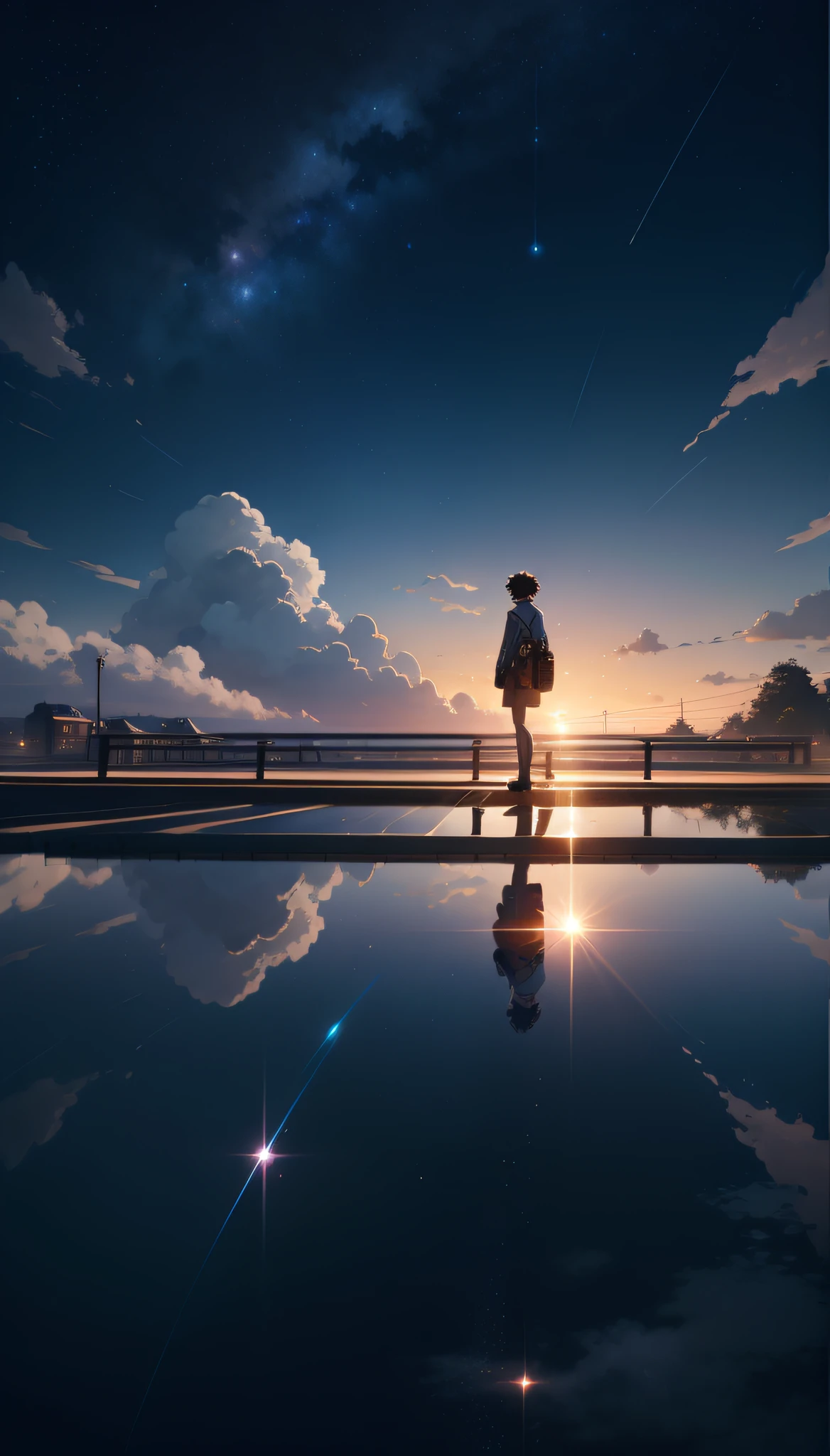 Libido boy，Obra maestra de alta calidad ，escena，tren anime que pasa a través de cuerpos de agua sobre vías， Cielo estrellado brillante。tren romantico，pixiv，arte conceptual，estilo de arte lofi，Reflectores。 por makoto shinkai, arte lofi, hermosas escenas de anime, paisajes de anime, paisaje detallado —ancho 672, in estilo de makoto shinkai, estilo de makoto shinkai，Mejora de detalles。