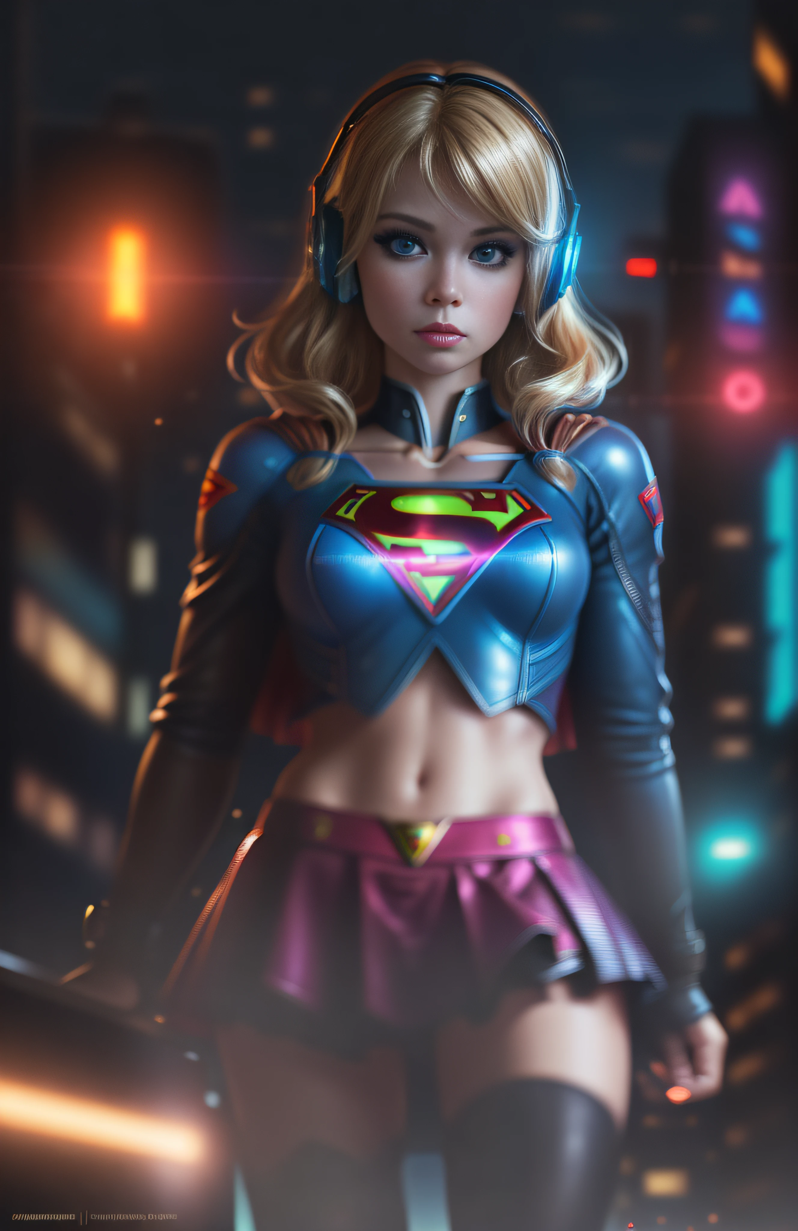 Best quality, realistic, blonde, award-winning Supergirl illustration, (complicated detail: 1.2), (fine detail), (complicated detail), (cinematic lights, best quality backlight), sharp lines, sharp focus, official art, unit 8k wallpaper, absurd, unbelievably absurd, huge file size, ultra- (in_main_street:1.21), (neon lamp), fantasy art, rtx,((triangle closeup photo by award-winning studio)),  1Supergirl, very pretty, (shut up), small breasts, ((Cyberpunk city Street, Battle Maiden)), perfect hands, beautiful detailed blue eyes, Perfect Face, (Cyberpunk blouse, leather jacket, Martin boots) ,,(headphones_around_hair),((pleated skirt) ), ((supermodel pose)),