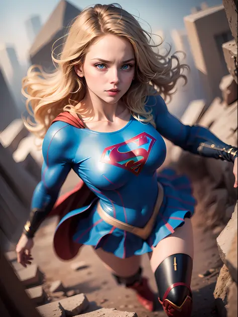 (8k, best quality, photorealistic, masterpiece:1.2), supergirl, blue eyes, blonde hair, long hair, cape, superhero, skirt, boots...