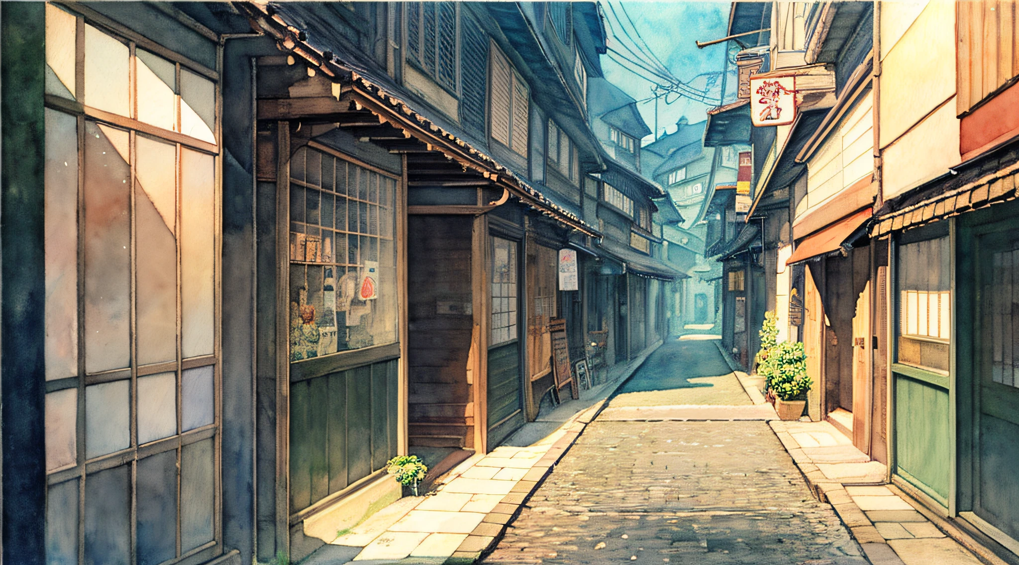  calle de compras、japonés、(temprano en la noche:1.2)、((iluminación natural))、Enfoque claro、(tiro largo:1.1)、(pintura de acuarela)、(solitario:1.2)、Estudio Ghibli