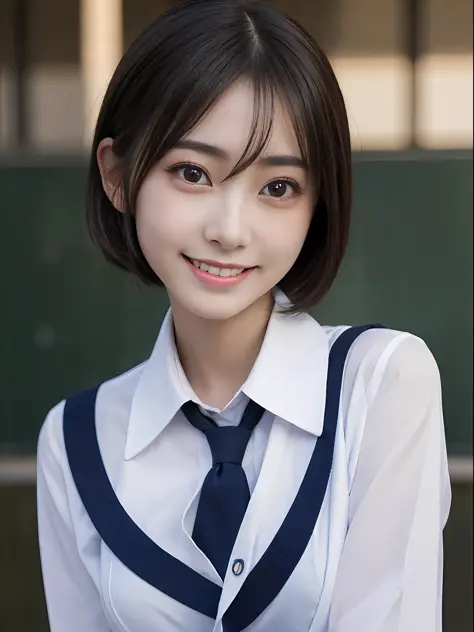 best quality, masterpiece, ultra high res, (photorealistic:1.4), RAW photo,cinematic lighting, 1 japanese girl,solo,20 years old,big breasts,(detailed beautiful face:1.5),(real skin:1.5),slender,thin legs,(big eyes:1.5),(smiling:1.3),(bob:1.5),(school unif...