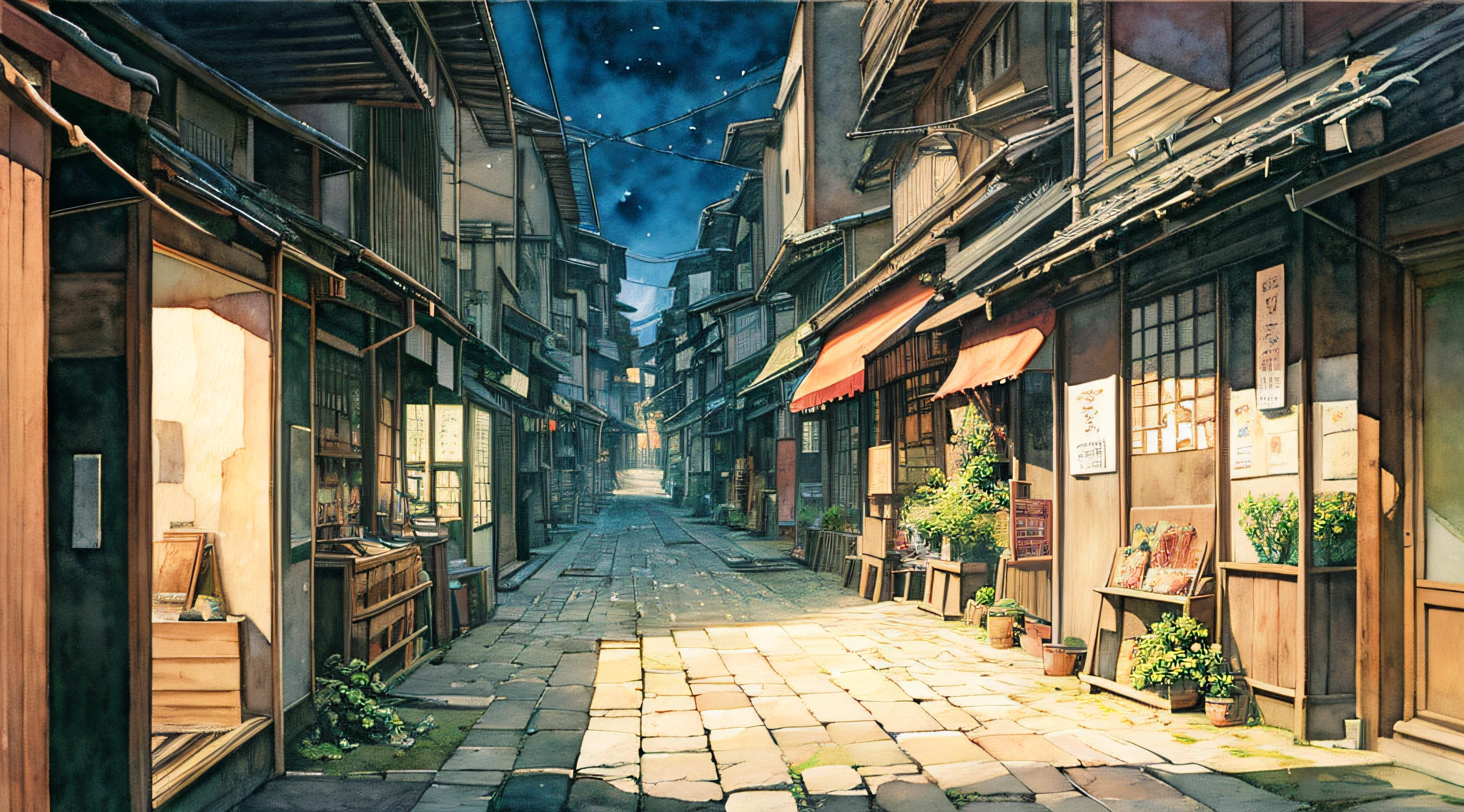 Lonely shopping street、jpn、(early evening:1.2)、((Natural lighting))、Clear focus、(longshot:1.1)、(watercolor paiting)、(desolate:1.2)、Studio Ghibli