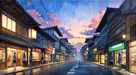 Lonely shopping street、jpn、(early evening:1.2)、((Natural lighting))、Clear focus、(longshot:1.1)、(watercolor paiting)、(desolate:1....