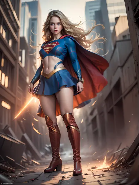 supergirl, blue eyes, blonde hair, long hair, cape, superhero, skirt, boots, (blonde girl:1.5), (breast focus:1.2), (realistic:1.2), (far view: 1.2), (realism:1.2), (masterpiece:1.2), (best quality), (ultra detailed), (8k, intricate), (full body:1.5), (85m...