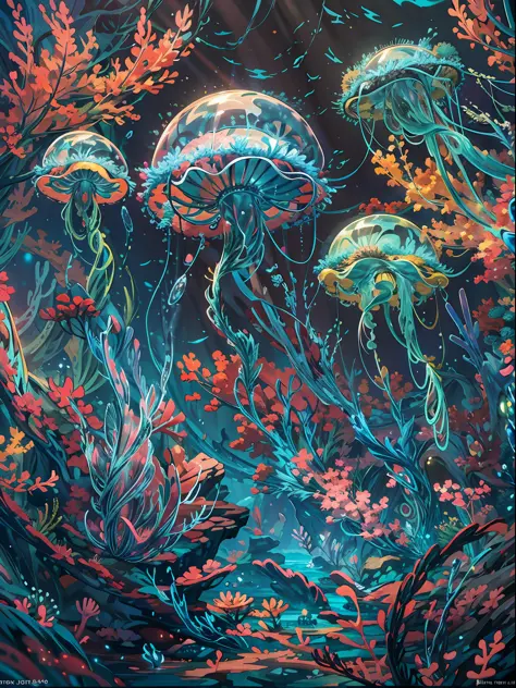 deep sea background, undersea scene, underwater light,jelly fish,, colorful small fishes, colorful coral reef, fantasy sea, dyna...