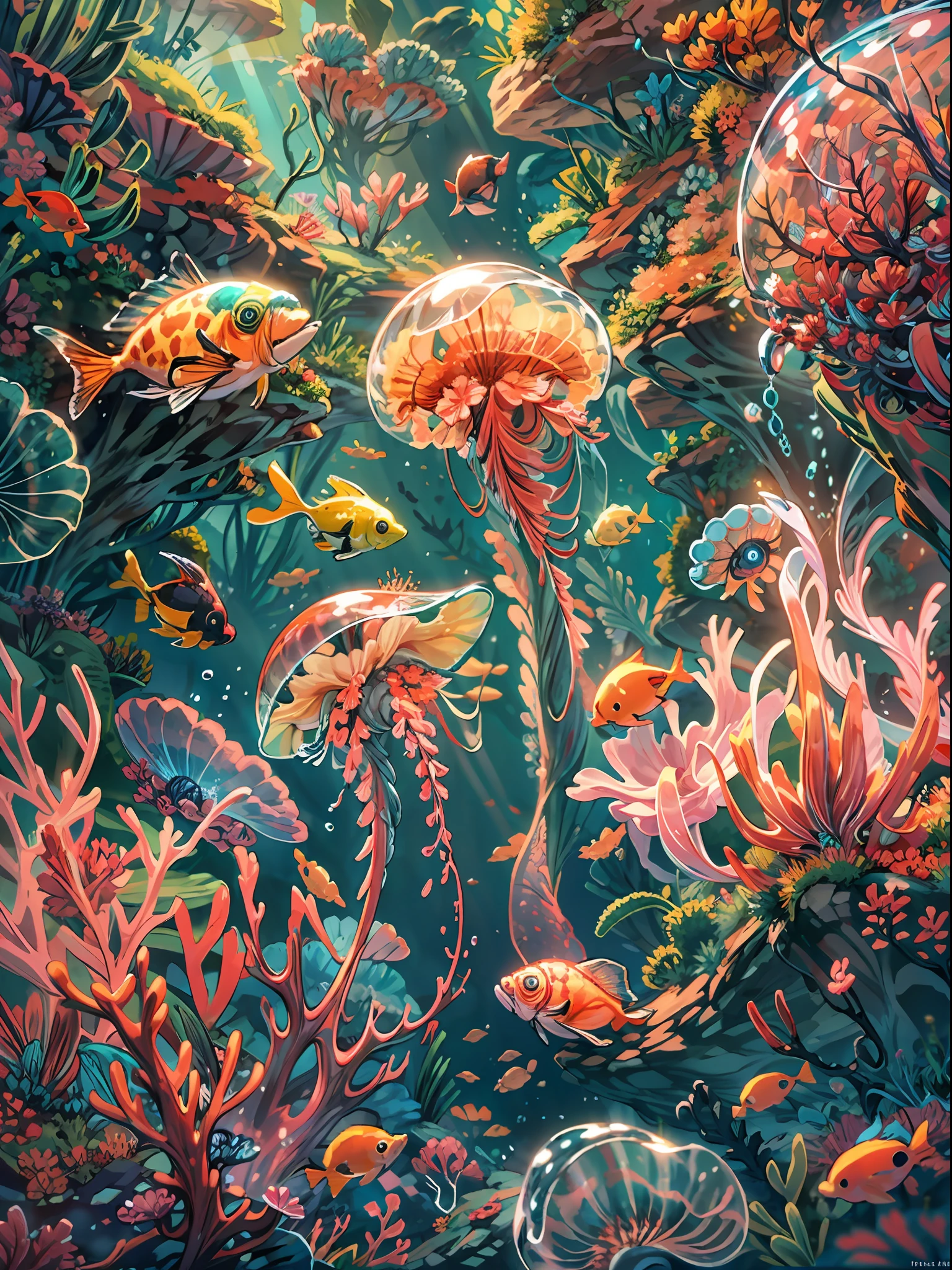 deep sea background, undersea scene, underwater light,jelly fish,, colorful small fishes, colorful coral reef, fantasy sea, dynamic angle, BREAK,Detailed,Realistic,4k highly detailed digital art,octane render, bioluminescent, BREAK 8K resolution concept art, realism,by Mappa studios,masterpiece,best quality,official art,illustration,ligne claire,(cool_color),perfect composition,absurdres, fantasy,focused,rule of thirds