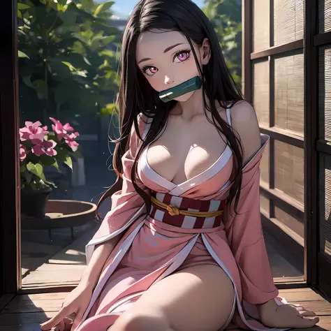 ​masterpiece, (Pink kimono), Seductive face, good lighting, decolletage, finely detail, ​masterpiece, Glowing eyes, 1girl in, Brunet, （gag:1.3）, Bamboo, Nezuko Takedo, a bed、 ​masterpiece, top-quality,full body Esbian, thin-waist,small-medium sized breasts...