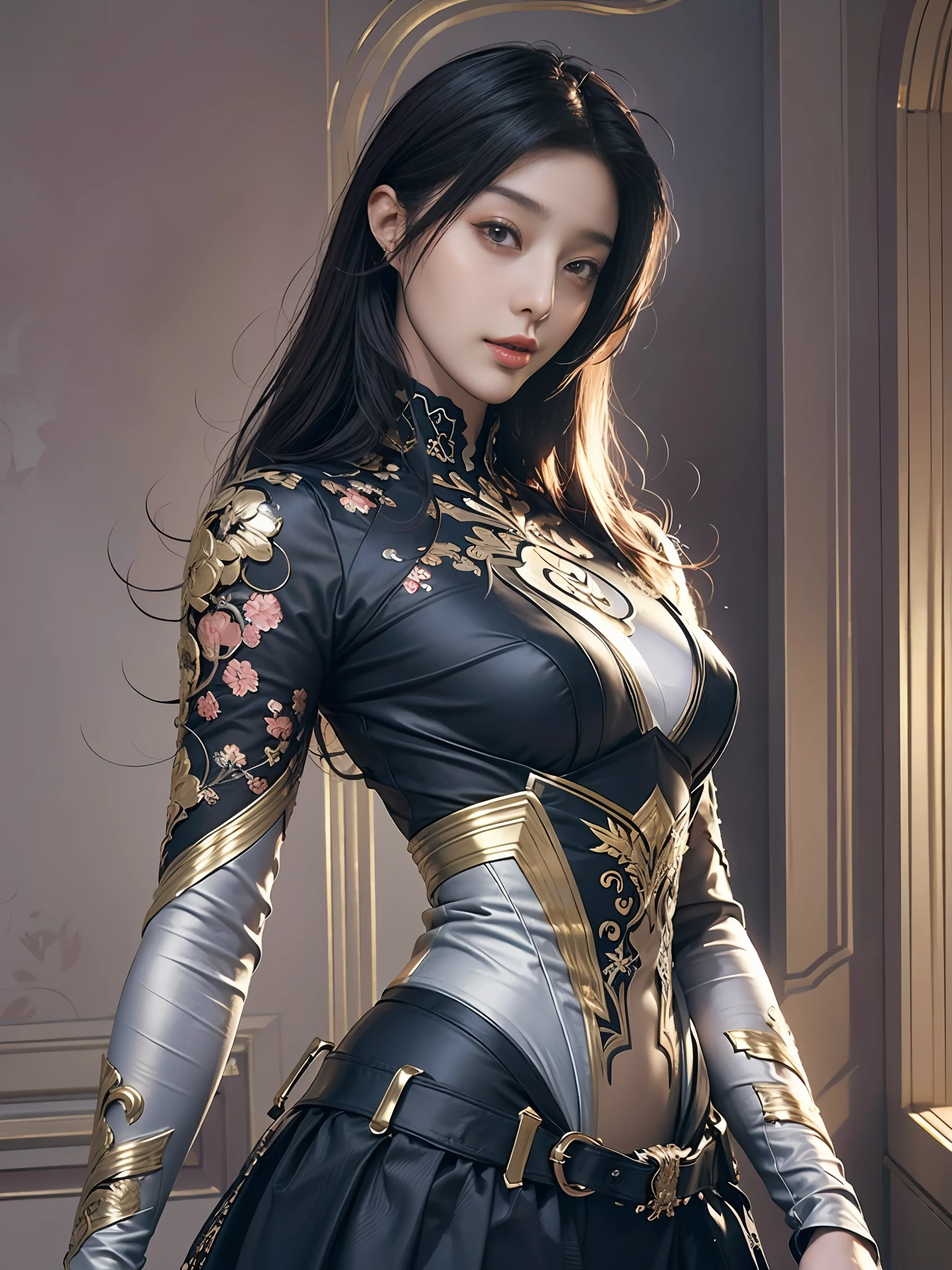 prompt:(masterpiece, top quality, best quality, official art, beautiful and aesthetic:1.2), extreme detailed,(fractal art:1.3),colorful,highest detailed,cbpkv5,bodysuit,(realistic:1.3), ..(1girl), solo, ((skirt)), ((upper body)), looking at viewer, ((shirt)),