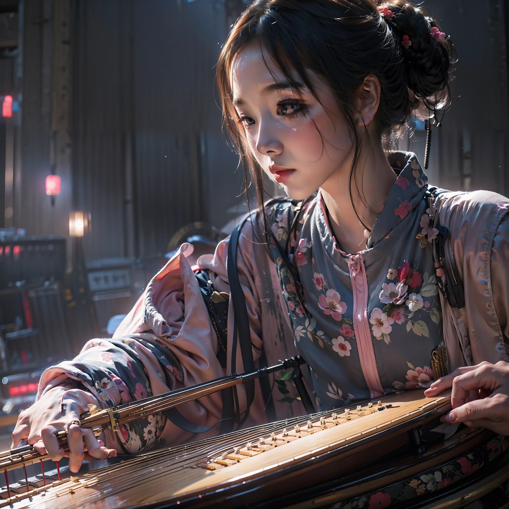 Das Mädchen im Nationalstil spielt in Zukunft Guzheng，Coole Lichtstimmung