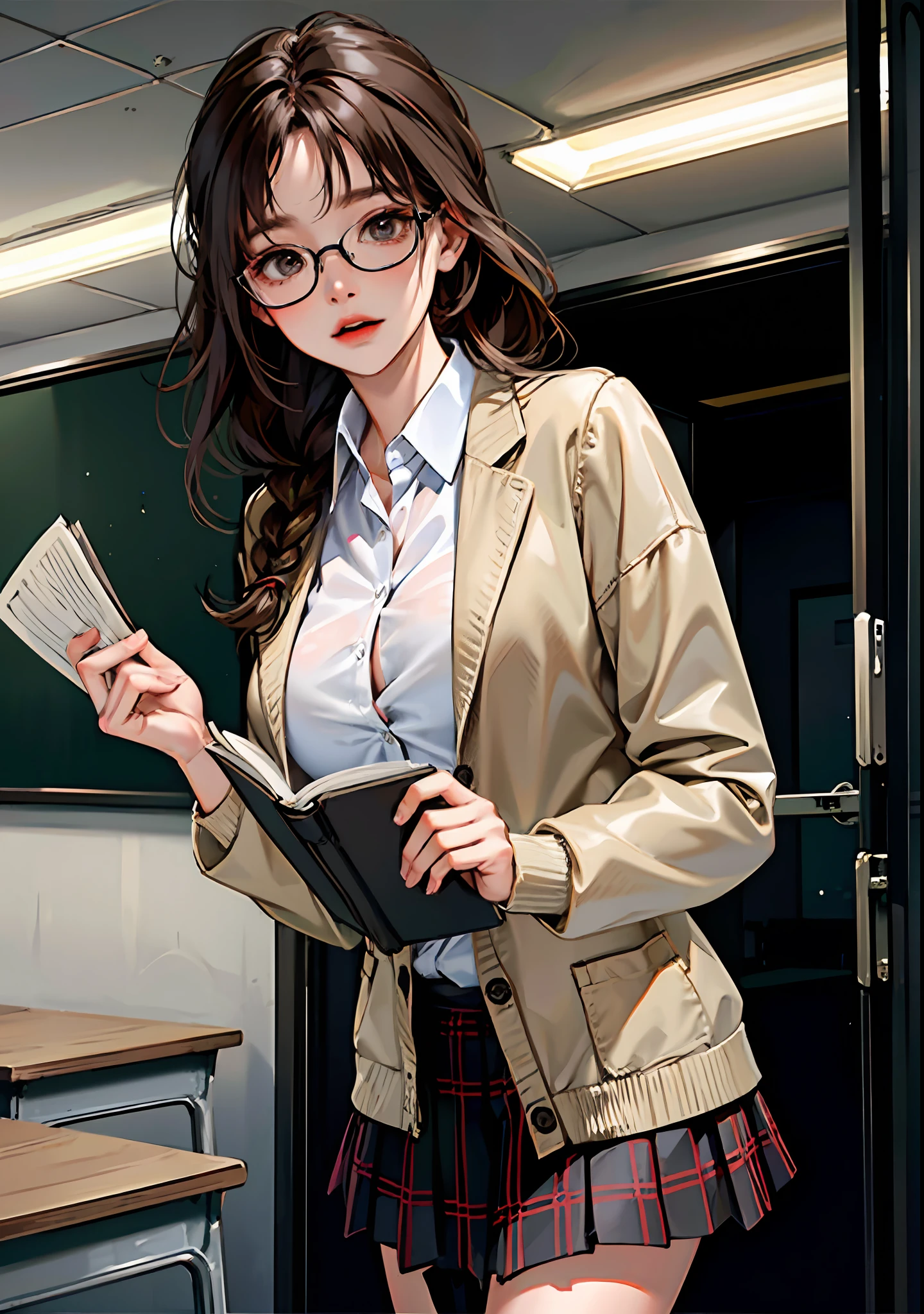 （8K，RAW photos，High light sensitivity，best qualtiy，Very delicate hair，tmasterpiece，超高分辨率，Fidelity：1.25）kr-pny，thin frame glasses，frontage，Double up braid，partedbangs，1girll，校服，Dark gray cardigan jacket，Dark gray blazer，pleatedskirt，Plaid skirts，brown  hair，huge tit，round frame glasses，looking at book，Shy and quiet girl，view from long distance，Hold the book，high school classroom