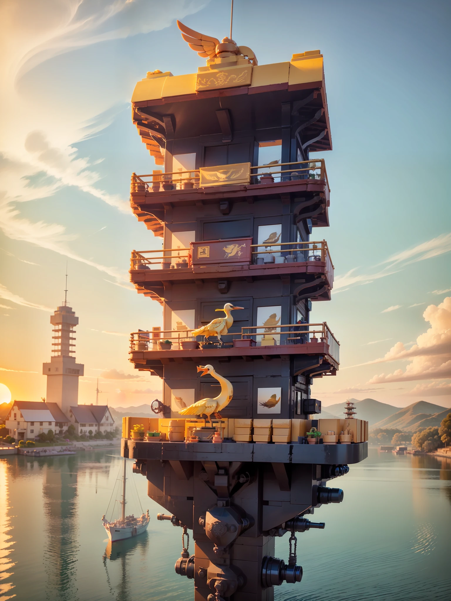 Yellow crane tower，big breasts beautiful，beautiful surroundings，the setting sun，Lego