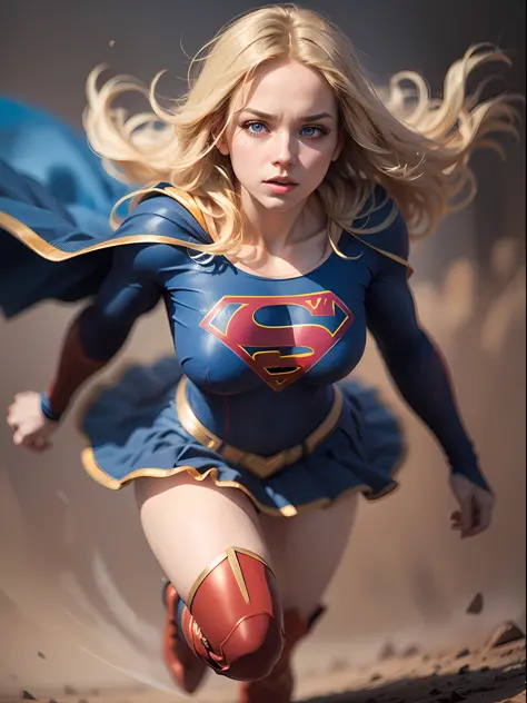 supergirl, blue eyes, blonde hair, long hair, cape, superhero, skirt, boots, (blonde girl:1.5), (breast focus:1.2), (realistic:1.2), (atmospheric perspective:1.2), (realism:1.2), (masterpiece:1.2), (best quality), (ultra detailed), (8k, intricate), (85mm),...