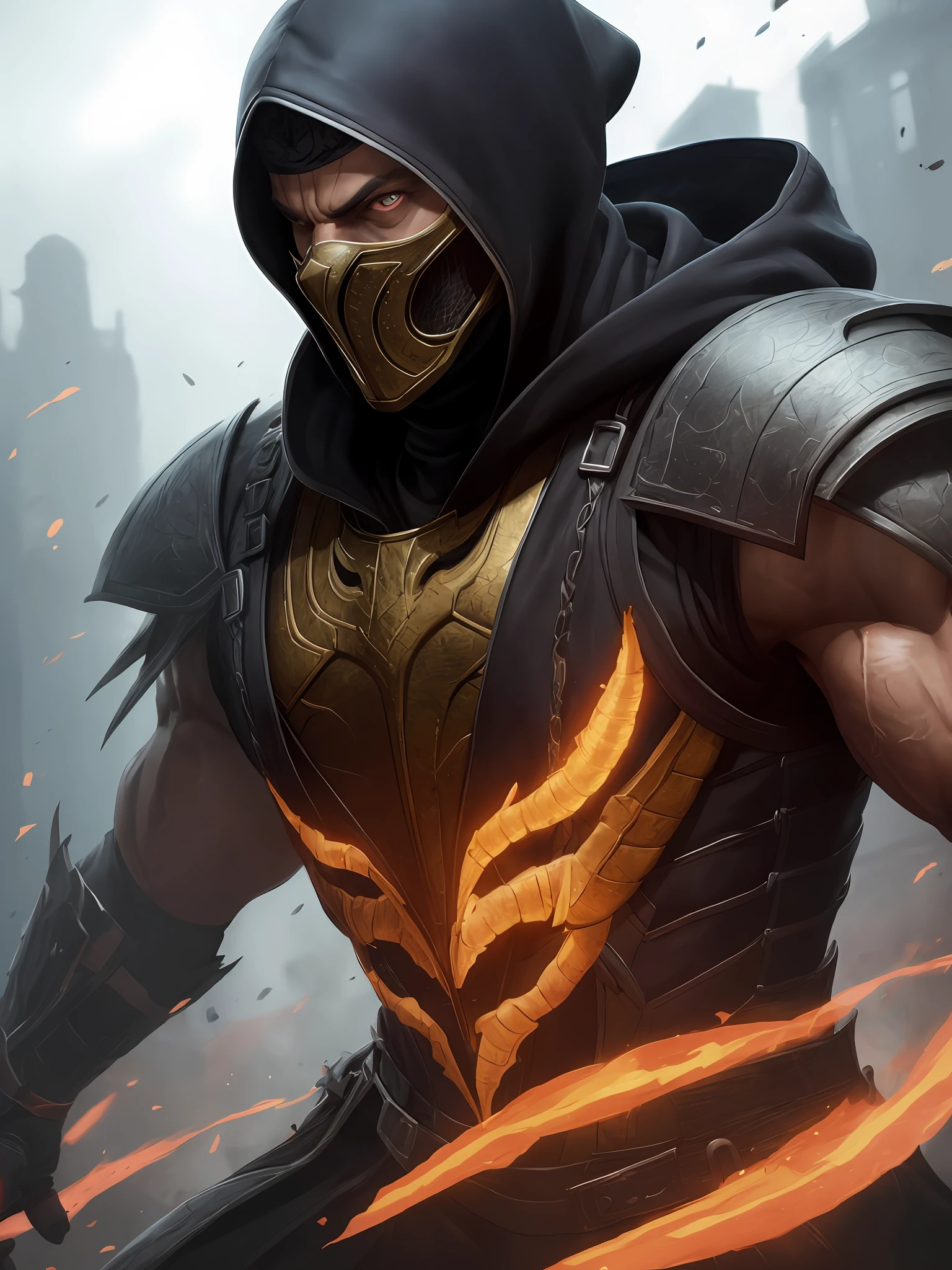 a portrait, scorpion from mortal kombat, detailed white eyes, bladk anc yellow armor, hood, veins on his arm, Intricate, High Detail, Sharp focus, dramatic, photorealistic painting art by greg rutkowski