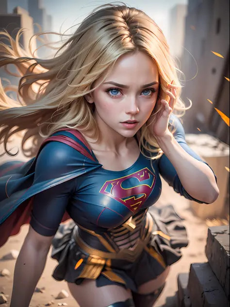 supergirl, blue eyes, blonde hair, long hair, cape, superhero, skirt, boots, (blonde girl:1.5), (breast focus:1.2), (realistic:1...