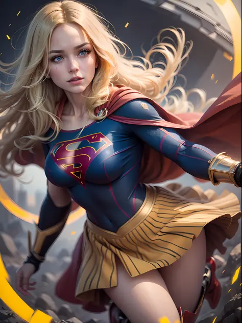 supergirl, blue eyes, blonde hair, long hair, cape, superhero, skirt, boots, (blonde girl:1.5), (breast focus:1.2), (realistic:1...