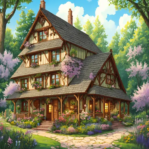 whimsical cottage core magical cottage house surrounded by magical garden flowers, high quality, 8k --auto