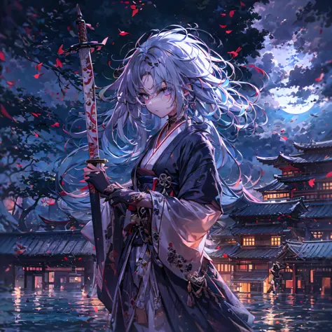 cyberpunked、Girl standing in front of Japan castle、Holding a sword、Sword lowered down、natta（a moon、​​clouds、Cloth in the air）Excellent style、delicate hair、A dark-haired、Hair bunched back、Delicat eyes、clear and beautiful eyes、blue eyess、sad eyes、, floating ...