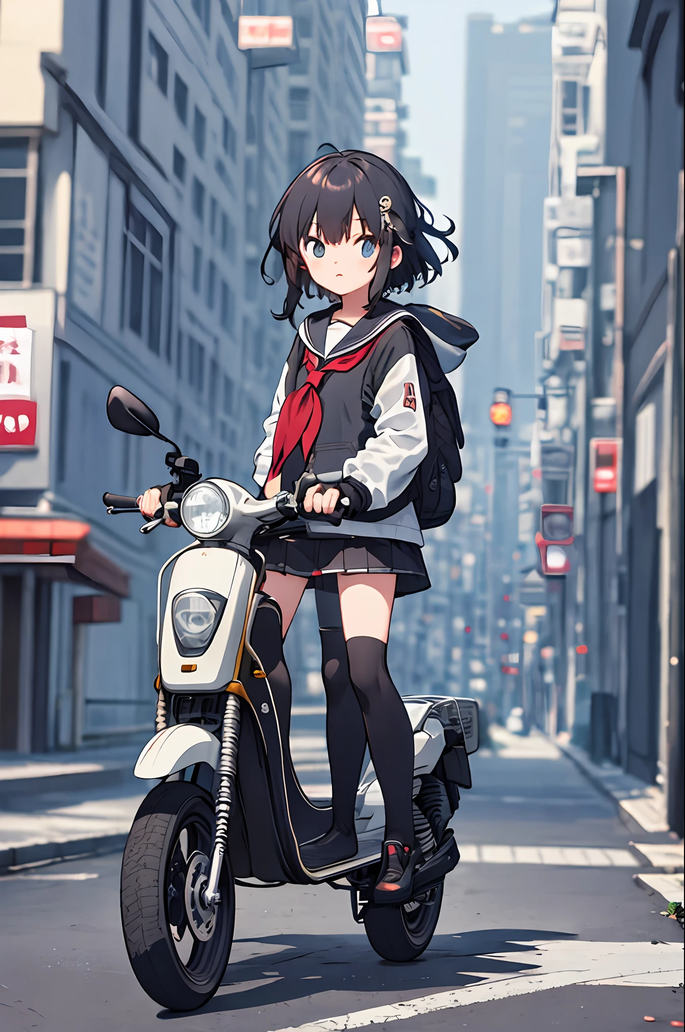 tmasterpiece，best qualityer，1girl，独奏，jaket，Hand in pocket，校服，serafuku，Stockings，bookbag，Black hair，黑The eye，cyber punk perssonage，the street，Machinary，motorvehicle，Scooters，in a panoramic view，shelmet，speed-line，motionblur，depth of fields，ssee-through，in a panoramic view，Riding，Floating hair，the night，neon trim