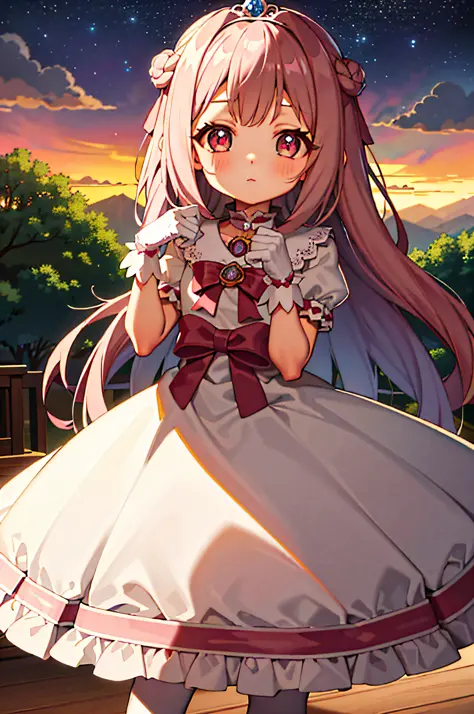 （（tmasterpiece））， （（Super quality）），1girll，Cute little girl，fully body photo，cowboy lens，Cute big eyes，Pink princess dress， tiara crown， royal robe， White gloves，Bow knot，独奏，a beauty girl，starrysky，castle background，Ground reflection