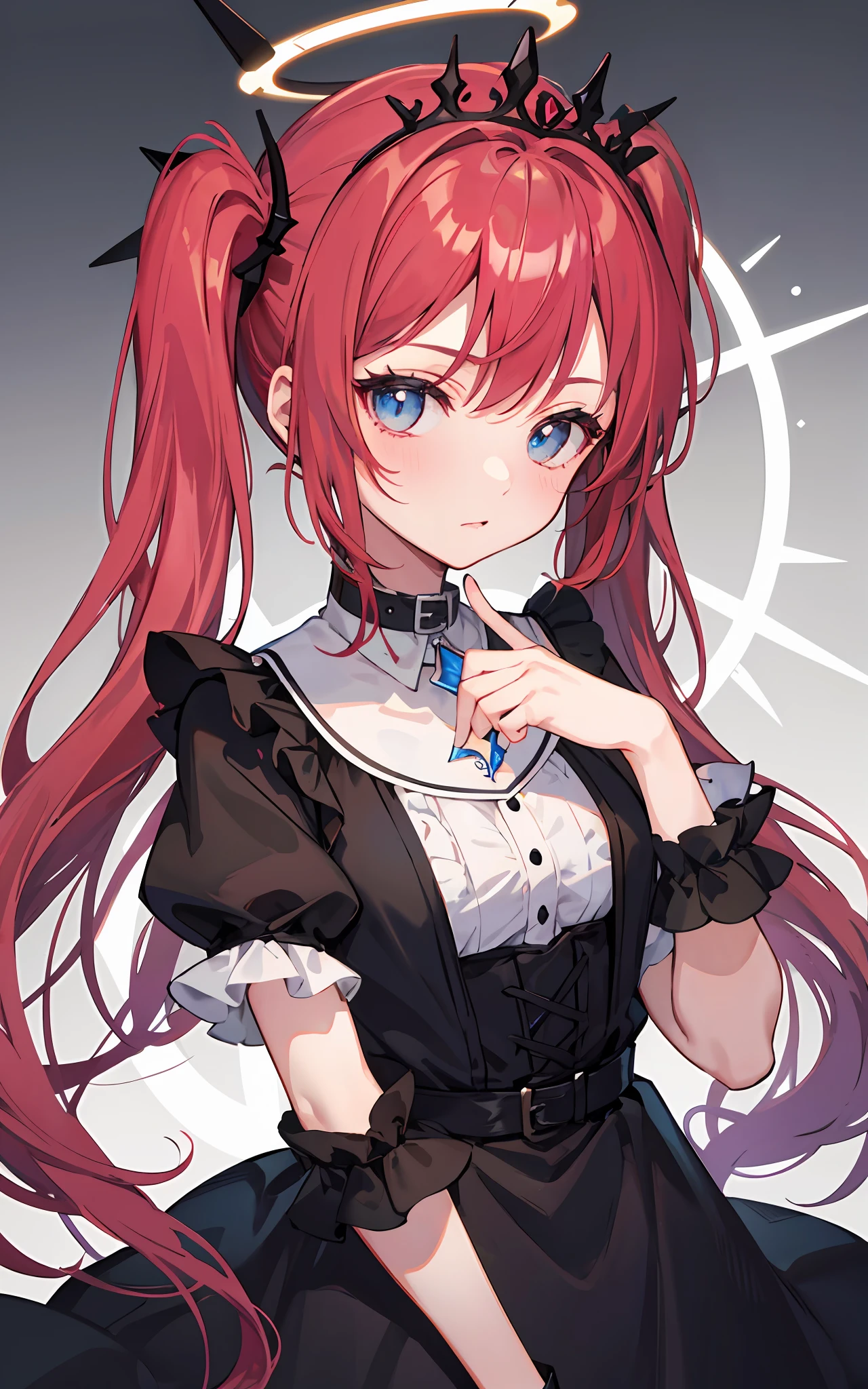 {{best quality}}, {{masterpiece}}, {{ultra-detailed}}, {illustration}, {detailed light}, Red hair, Blue eyes, twintails, Goth Lolita, Darkgoth, Collar,Crown tiara,pride,solo,loli,Long hair, halo