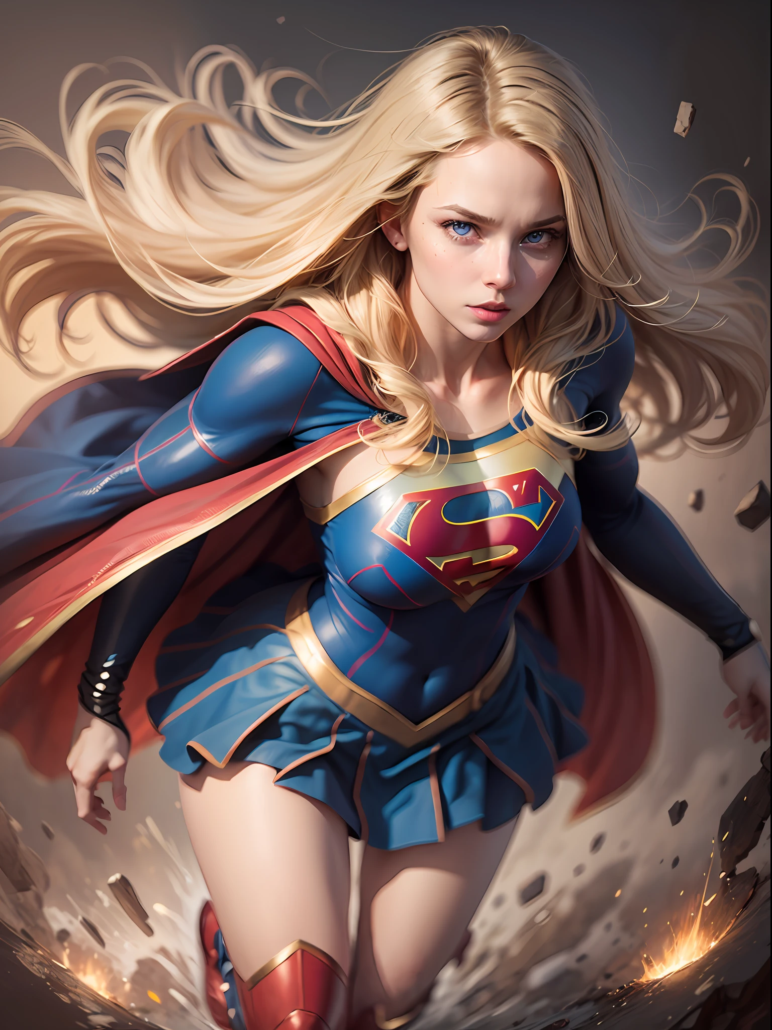 supergirl, blue eyes, blonde hair, long hair, cape, superhero, skirt, boots, (blonde girl:1.5), (realistic:1.2), (extreme close-up:1.2), (realism:1.2), (masterpiece:1.2), (best quality), (ultra detailed), (8k, intricate), (85mm), light particles, lighting, (highly detailed:1.2), (detailed face:1.5), (gradients), sfw, colorful, (detailed eyes:1.5), (detailed background), (dynamic angle:1.2), (dynamic pose:1.2), (rule of third_composition:1.3), (Line of action:1.2), wide shot, daylight, solo.