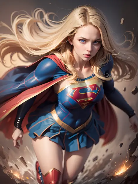 supergirl, blue eyes, blonde hair, long hair, cape, superhero, skirt, boots, (blonde girl:1.5), (realistic:1.2), (extreme close-...