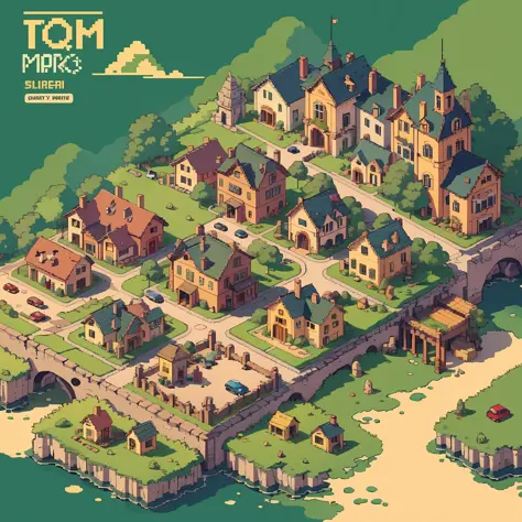 top quality, best quality, High-quality illustrations, masterpiece, mother2 map, town, load, car, pixel art, dots, Quarter View,...