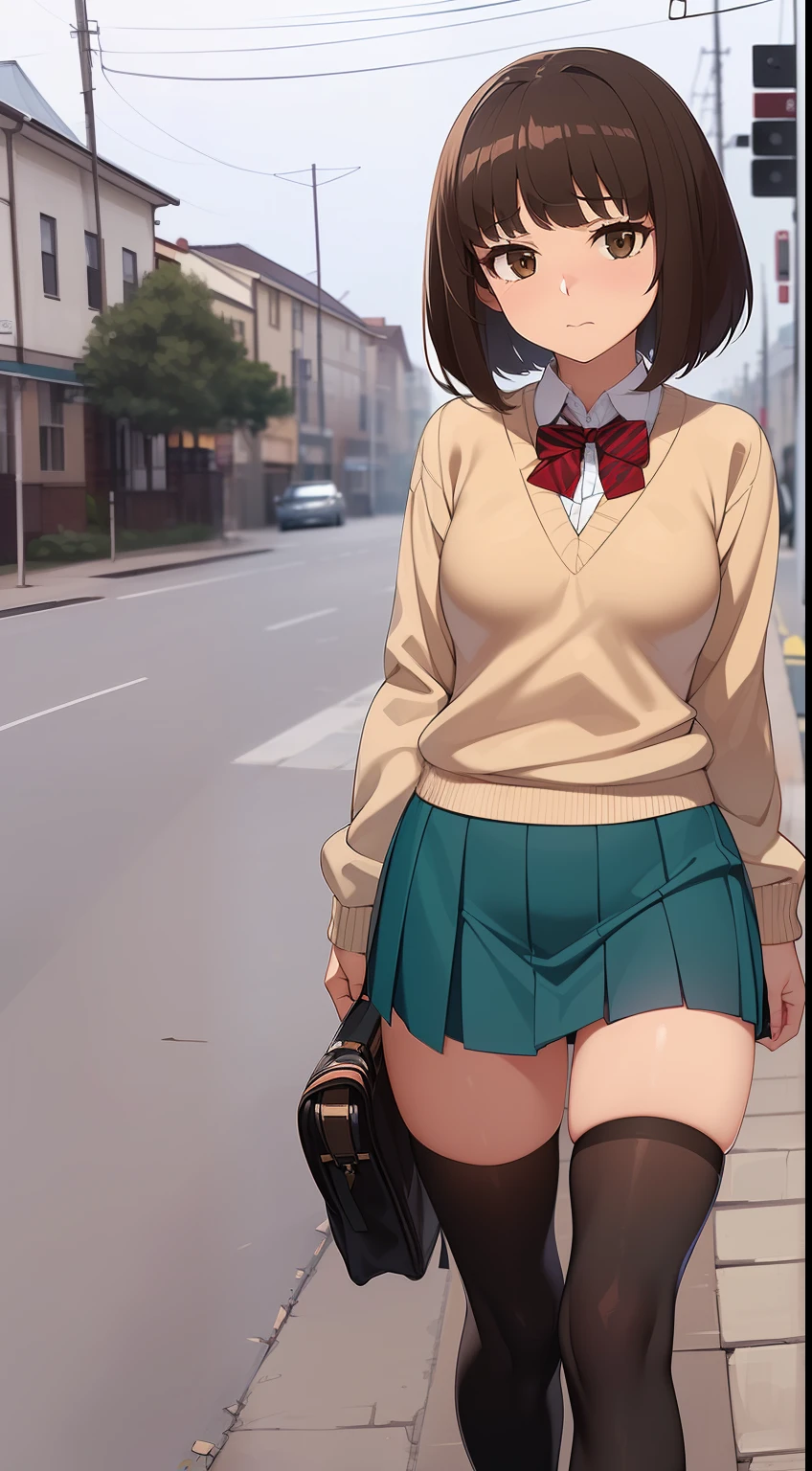 Anime girl walking down the street in a short skirt and bow tie - SeaArt AI