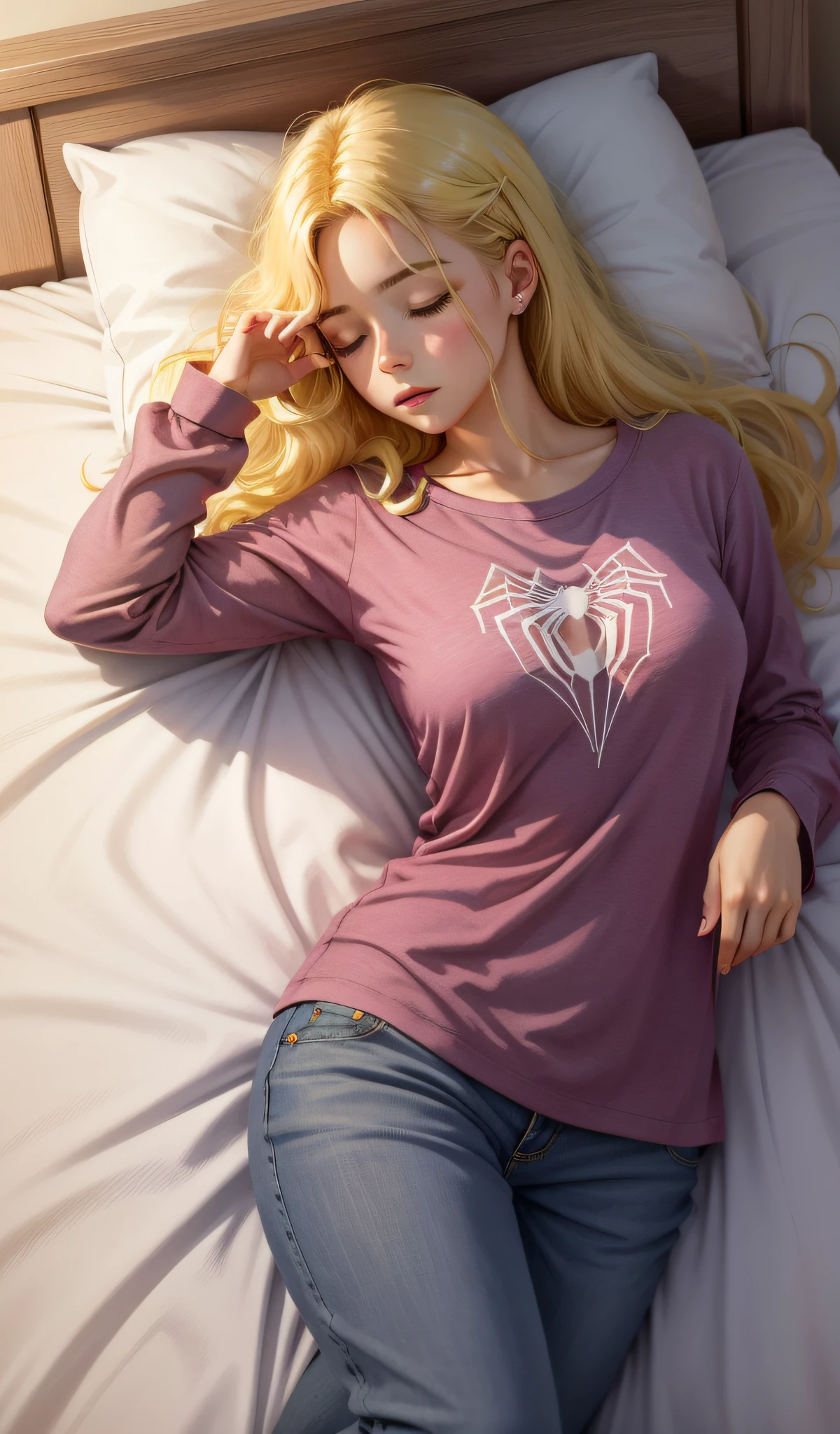 “（（Realistis））），（（（woman）））），straight from real life，with yellow hair，dressed in（pyjamas_Pink）Pink pajamas and Spider-Man pants lying on bed，，Sleeping female Spider-Man，Sleeping on the Bed