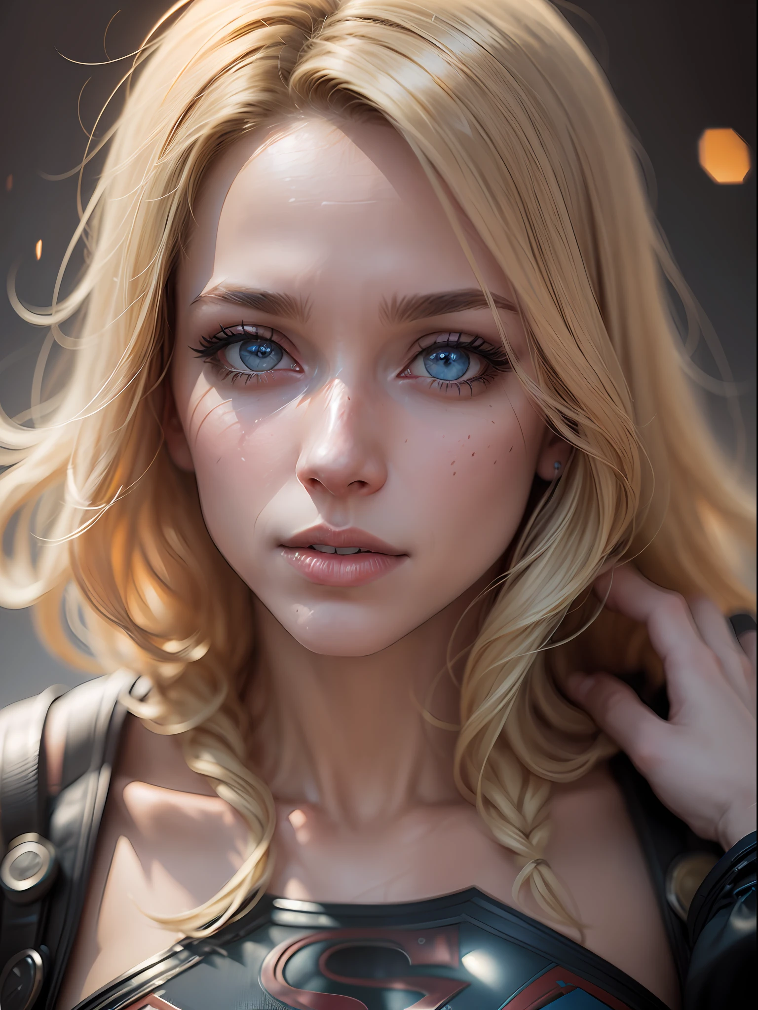 supergirl, blue eyes, blonde hair, (blonde girl:1.5), (realistic:1.2), close-up, (extreme close-up:1.2), (realism:1.2), (masterpiece:1.2), (best quality), (ultra detailed), (8k, intricate), (85mm), light particles, lighting, (highly detailed:1.2), (detailed face:1.5), (gradients), sfw, colorful, (detailed eyes:1.5), (detailed background), (dynamic angle:1.2), (dynamic pose:1.2), (rule of third_composition:1.3), (Line of action:1.2), wide shot, daylight, solo.