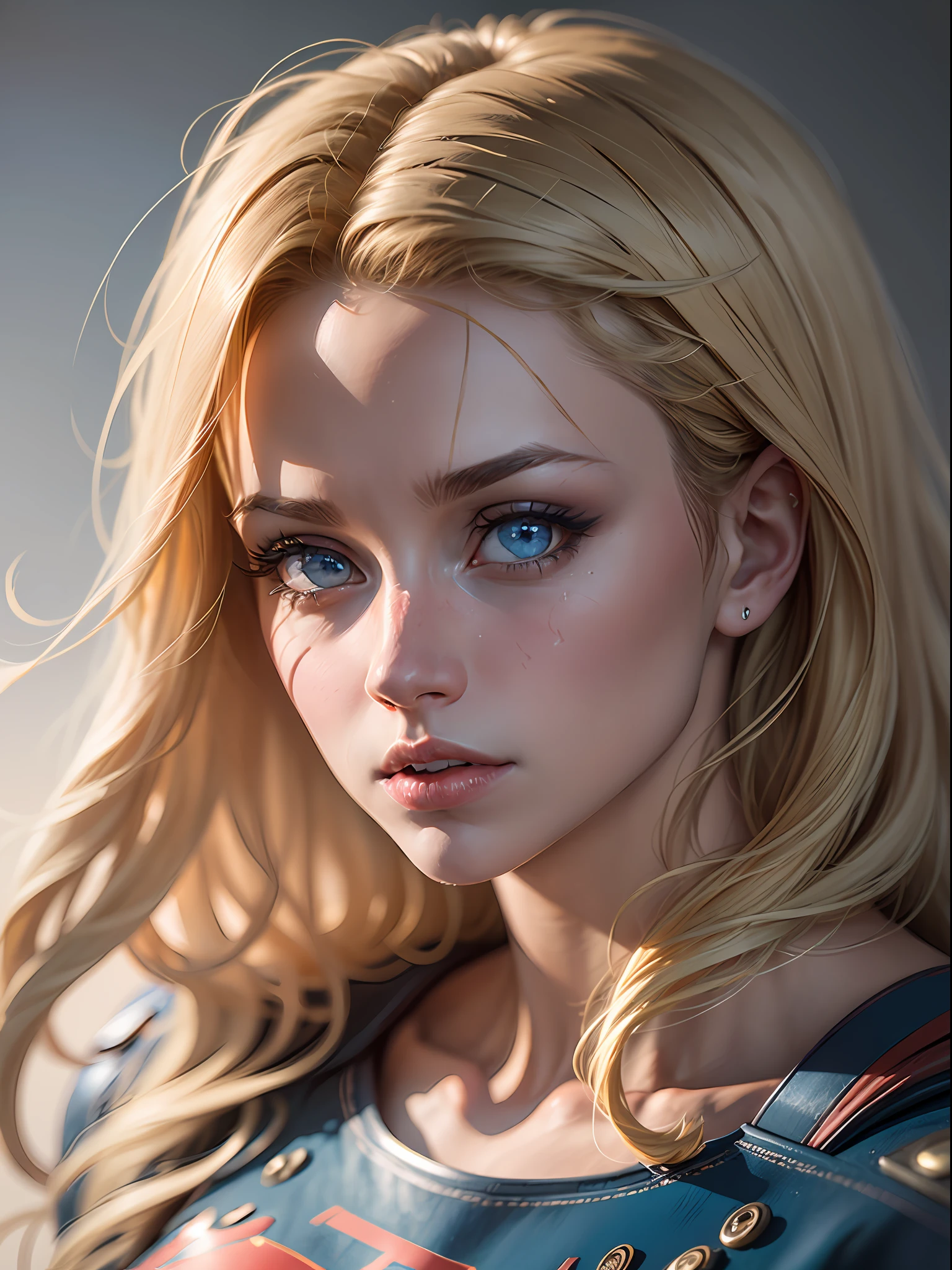 supergirl, blue eyes, blonde hair, (blonde girl:1.5), (realistic:1.2), close-up, (extreme close-up:1.2), (realism:1.2), (masterpiece:1.2), (best quality), (ultra detailed), (8k, intricate), (85mm), light particles, lighting, (highly detailed:1.2), (detailed face:1.5), (gradients), sfw, colorful, (detailed eyes:1.5), (detailed background), (dynamic angle:1.2), (dynamic pose:1.2), (rule of third_composition:1.3), (Line of action:1.2), wide shot, daylight, solo.