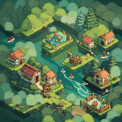 top quality, best quality, High-quality illustrations, masterpiece, mother2 map, town, load, car, river, pixel art, dots, Quarter View, Isometric View,