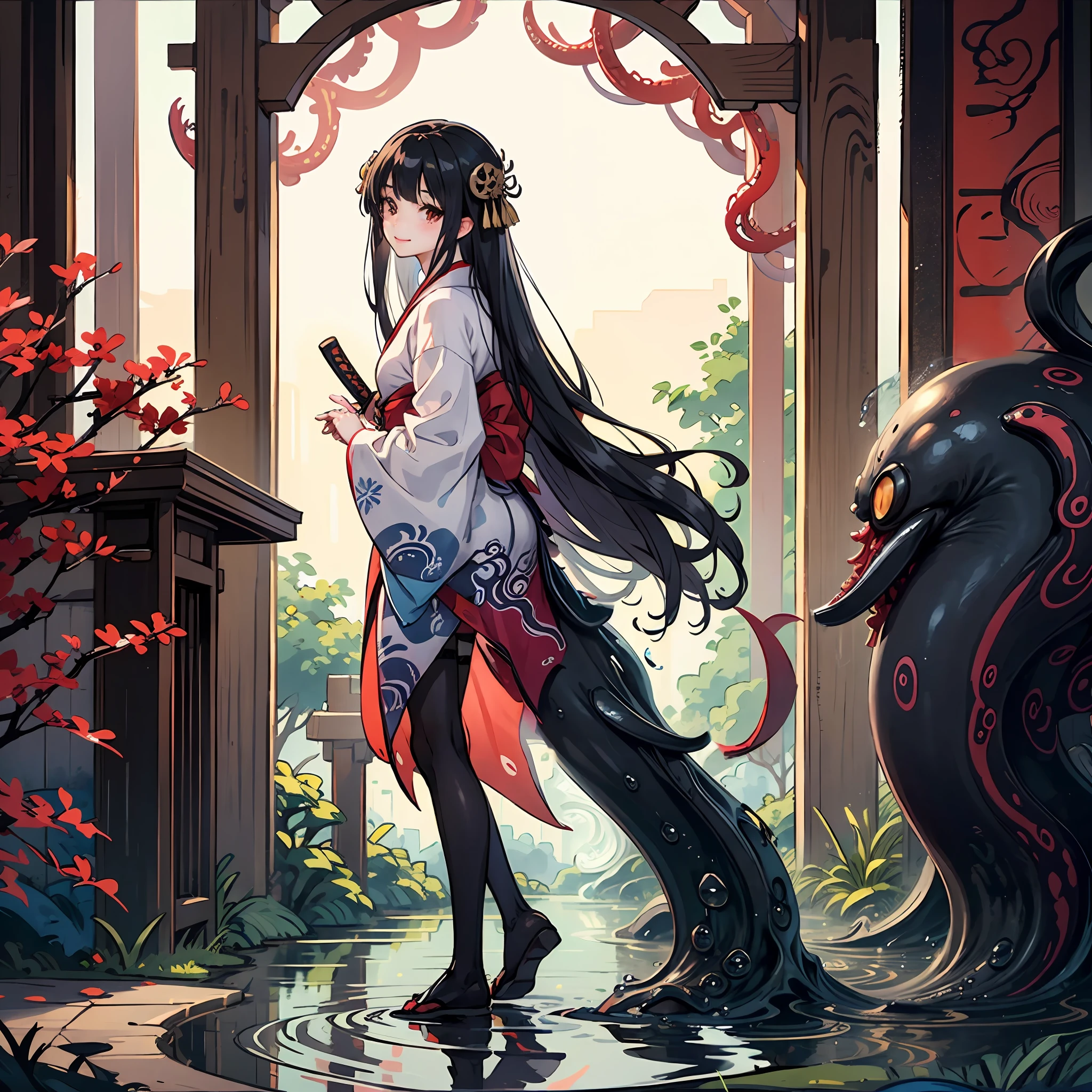 （Girl with Tentacles）Kimono with wave pattern、Black tights、A dark-haired、Countless tentacles、kraken、Japanese Katana Sword、The long-haired、straight haired、torii in the background、Puddle of water underfoot、A slight smil、Japanese　lanthanum、yandere --auto