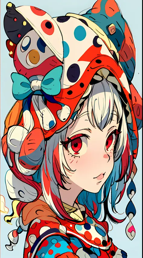 a girl with polka dots on her nose, and her hat on her head, in the style of surreal creatures, light red and cyan, dolly kei, p...