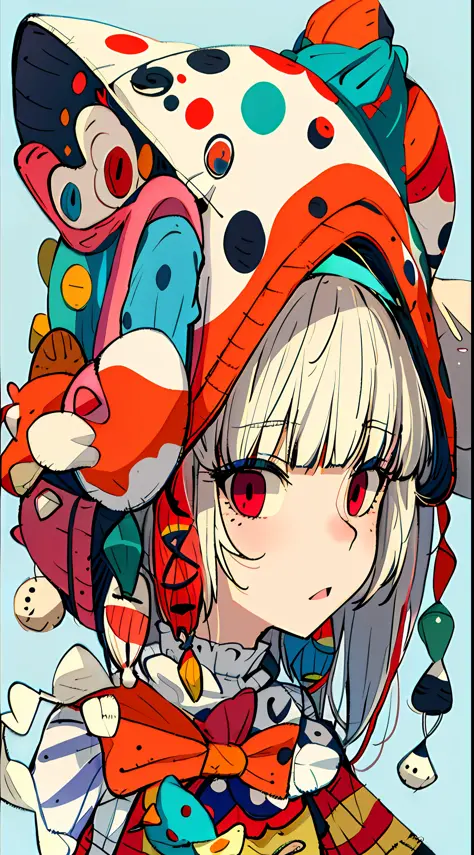 a girl with polka dots on her nose, and her hat on her head, in the style of surreal creatures, light red and cyan, dolly kei, p...