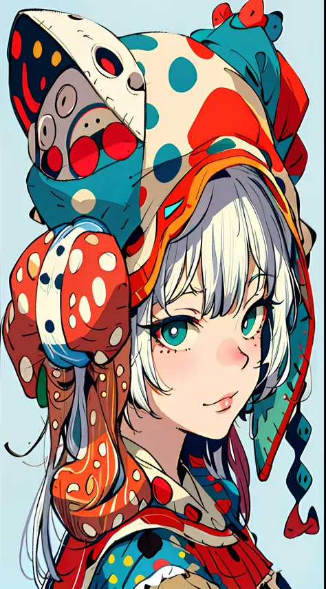 a girl with polka dots on her nose, and her hat on her head, in the style of surreal creatures, light red and cyan, dolly kei, p...