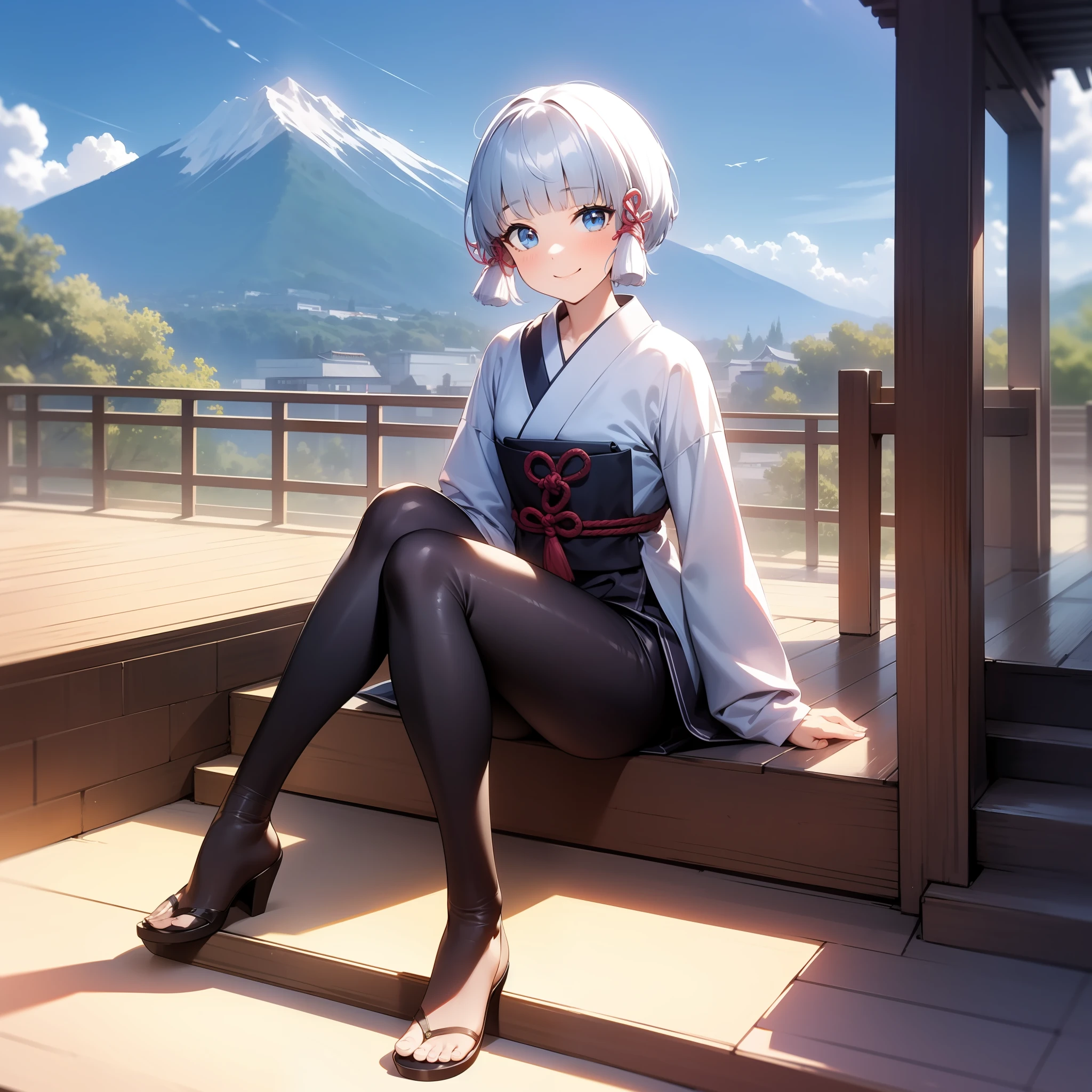 kamisatoayakaspring, full body, sitting, smile, blush, outdoors, day, simple background, blue sky, short hair, sky, temple, looking at viewer, sitting on stairs, mountain, moody lighting,