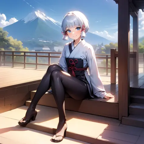 kamisatoayakaspring, full body, sitting, smile, blush, outdoors, day, simple background, blue sky, short hair, sky, temple, look...