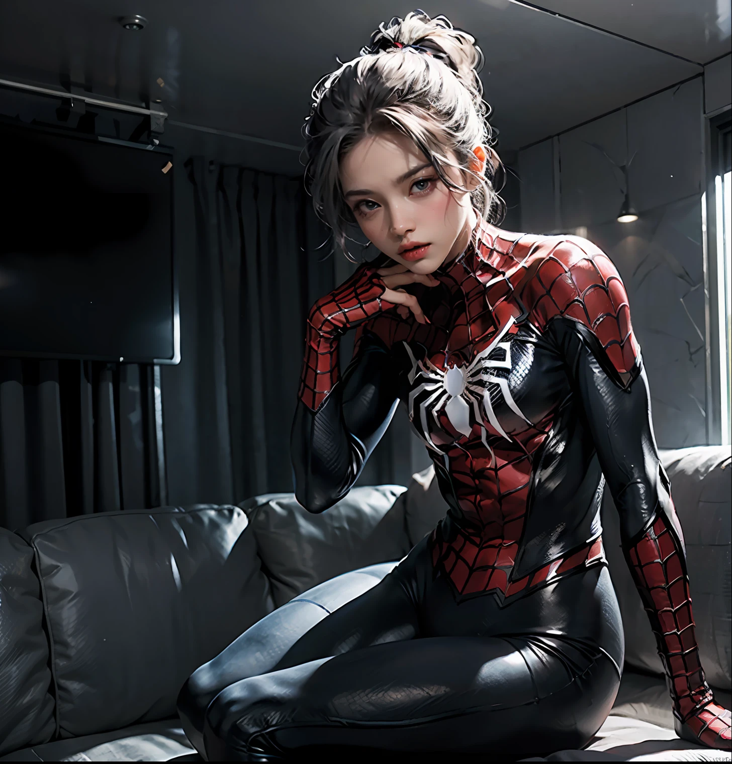 (Extreme Detail CG Unity 8K Wallpapers，tmasterpiece，Highest image quality)，(，Fine picture quality: Cinematic lens effect)，A girl in a white Spider-Man costume，Full body photo 0.8，High ponytail，Full body white clothing，Silver-gray hair color，Spider-Man Parallel Universes，gwyn，Spidey，Knelt，sitting in the couch，dynamicposes)，（Exceptional detail，Faraway view，wide angles)，(Excellent rendering，Enough to stand out from the crowd)，white apparel，Female Spider-Man，Complex spider textures，Mid-range vision，Faraway view，The environment is daytime，White simple background，sobu。