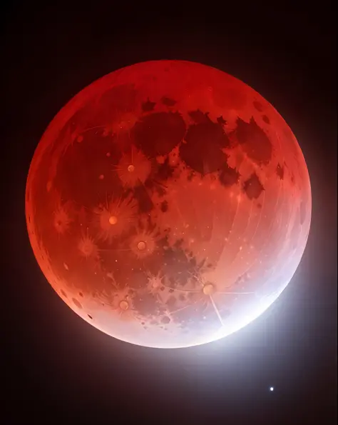 Close-up of red moon with bright lights, Full moon of blood, Blood red moon, Blood Moon, Bloody full moon, Huge red moon, during...