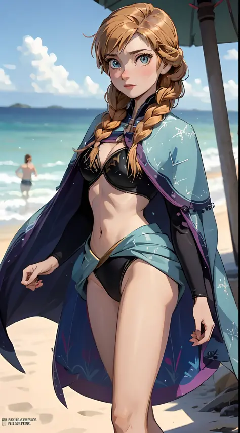 Anna de Frozen posando sexy en bikini, beach behind, small waist, piernas largas